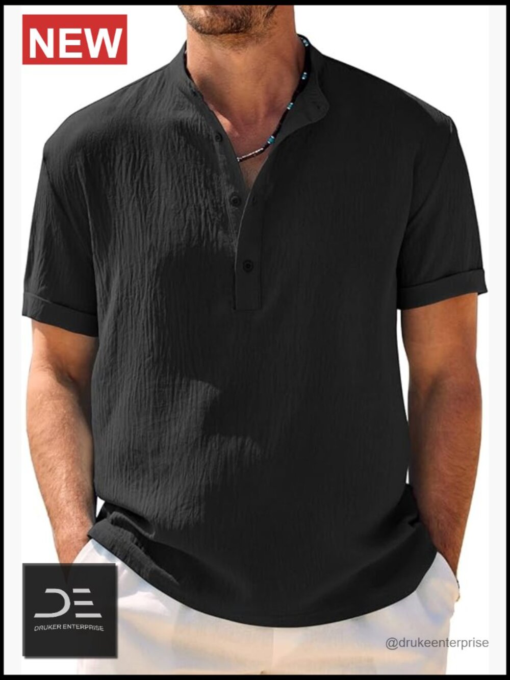 Men's Casual Henley Shirt Band Collar Short Sleeve Summer Beach T-Shirt